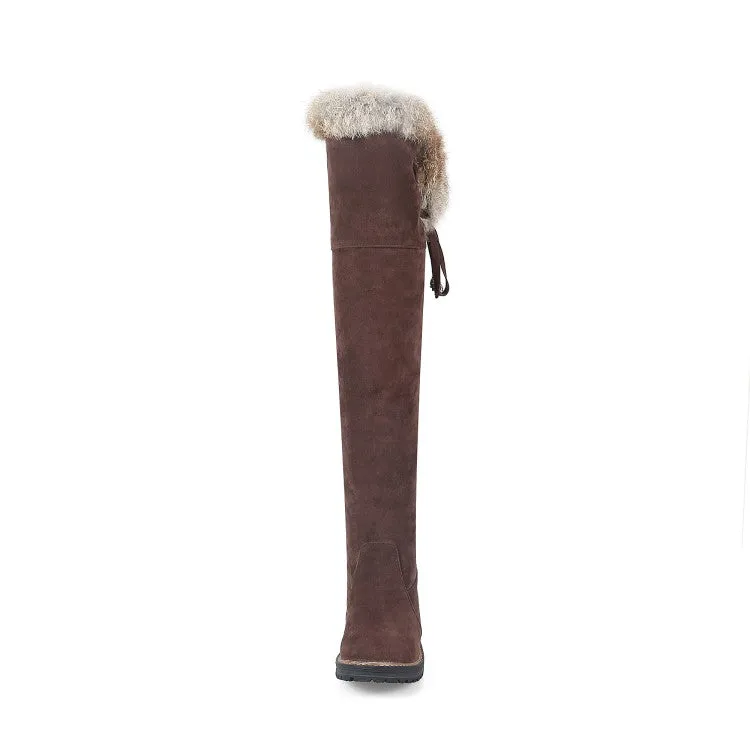 Women's Suede Stitching Patchwork Side Tied Fur Flat Knee High Boots