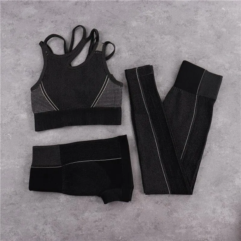 Yoga Set Crop Top Bra Shorts Leggings Workout Outfit Active Fitness Gym Wear