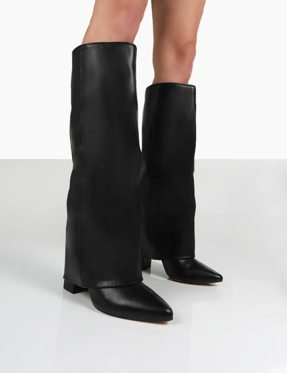 Zendaya Black Pointed Toe Knee High Block Boots