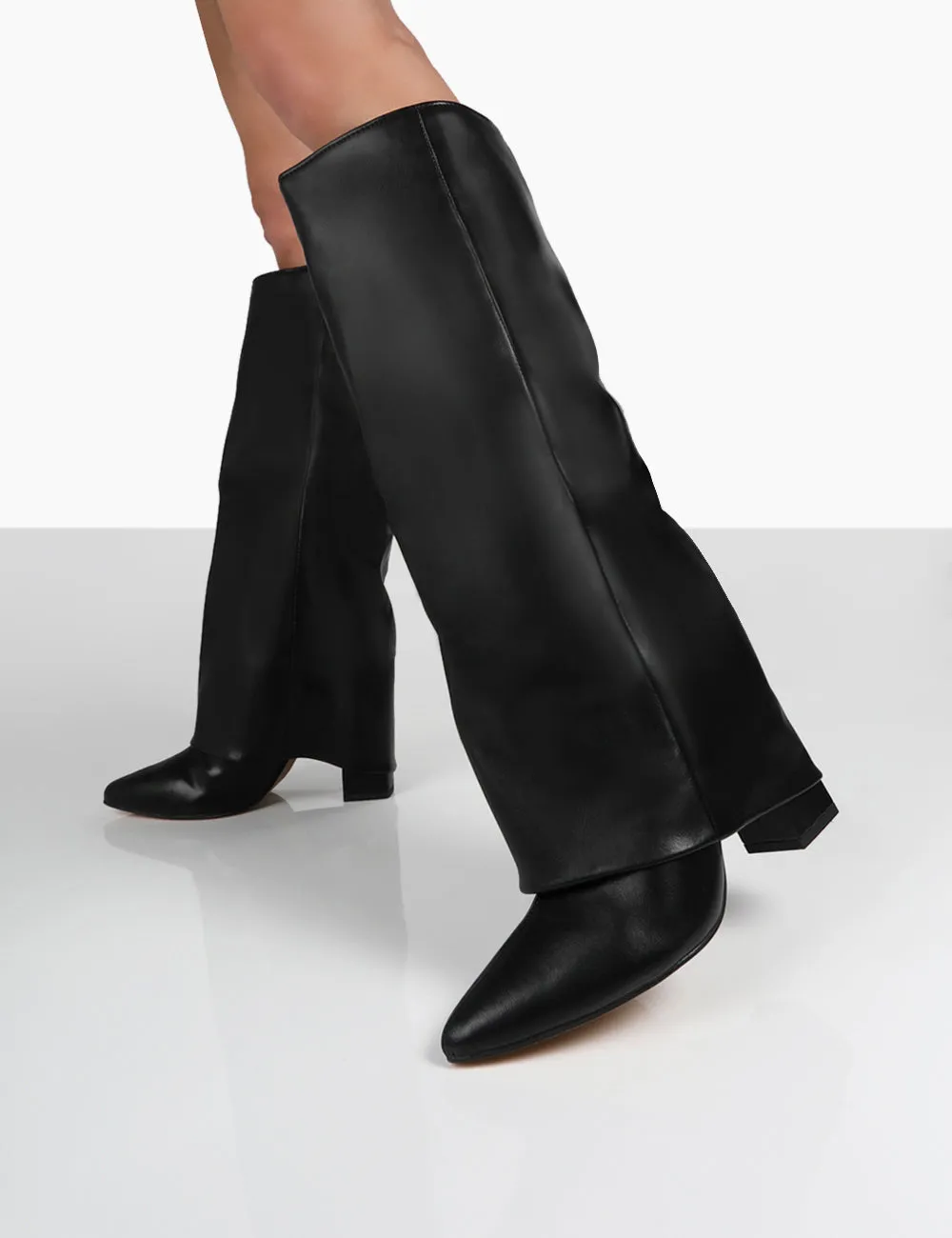 Zendaya Black Pointed Toe Knee High Block Boots