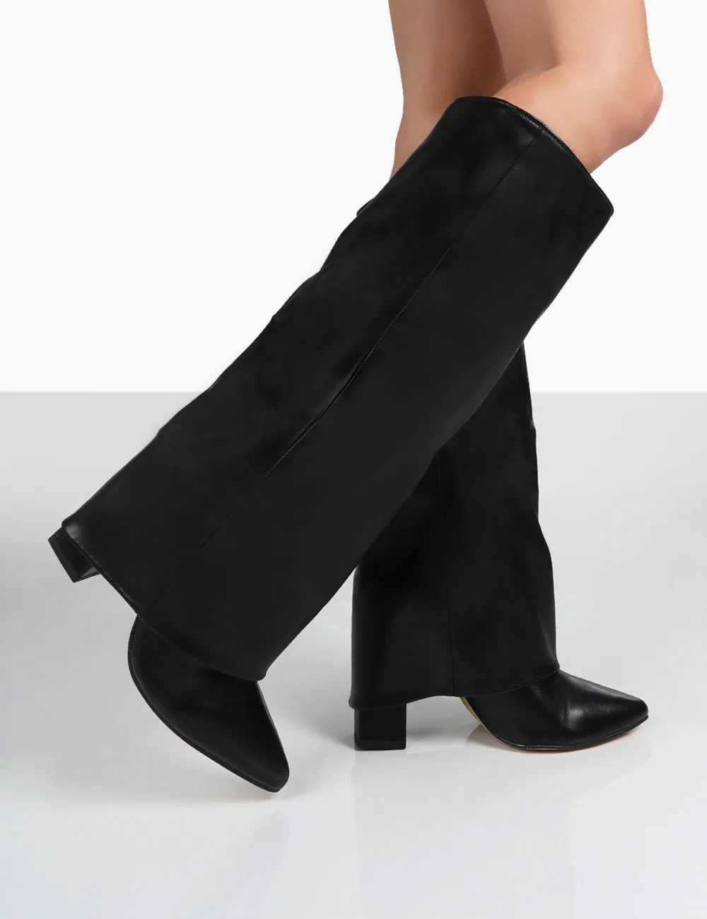 Zendaya Black Pointed Toe Knee High Block Boots